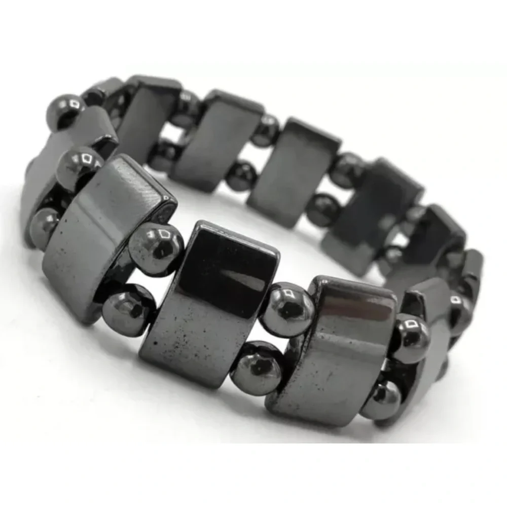 NWOT Genuine Black Hematite Rectangle Gemstone Design Stretchable Bracelet